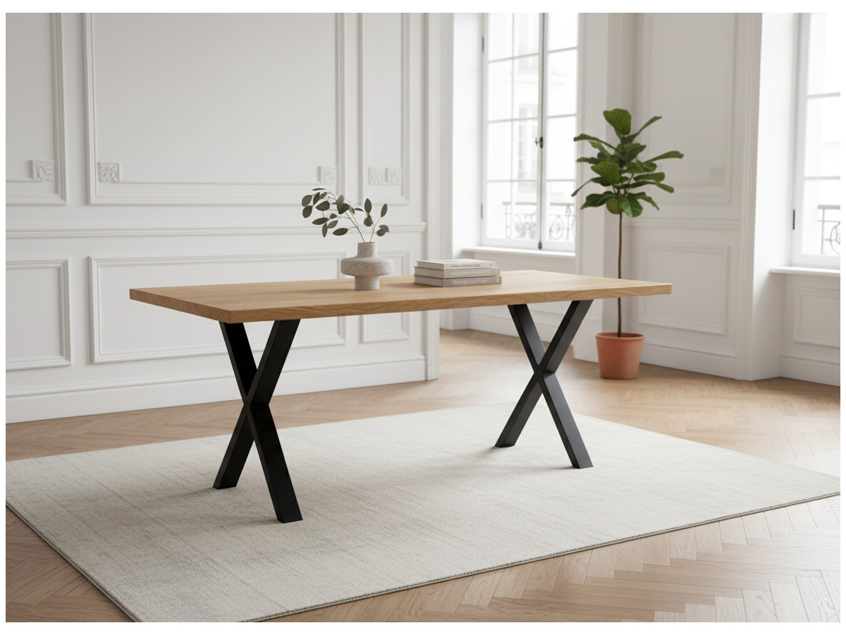 Table à manger pieds croix extensible AWANI Chêne massif et métal