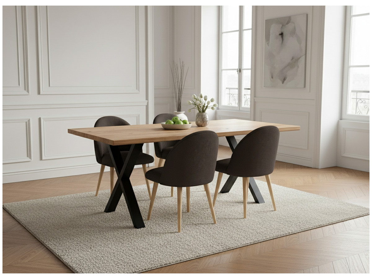 Table à manger pieds croix extensible AWANI Chêne massif et métal