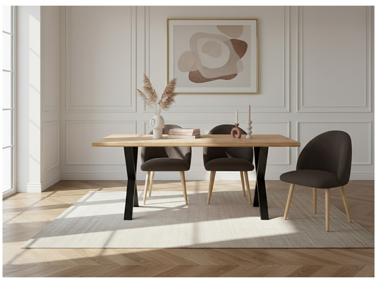 Table à manger pieds croix extensible AWANI Chêne massif et métal