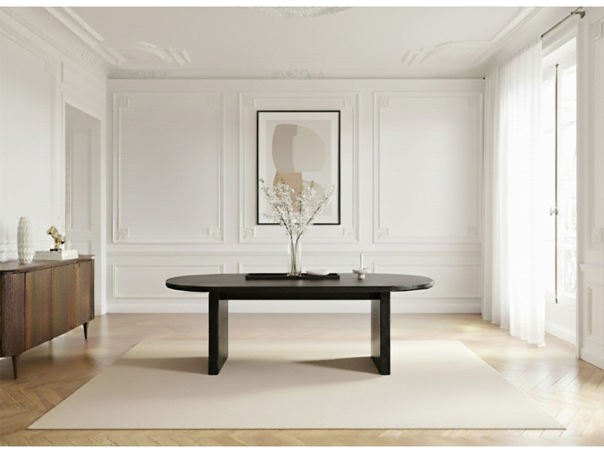 Ensemble PABLO avec table à manger ovale 220 cm placage noyer + chaises TANYA texturé noir