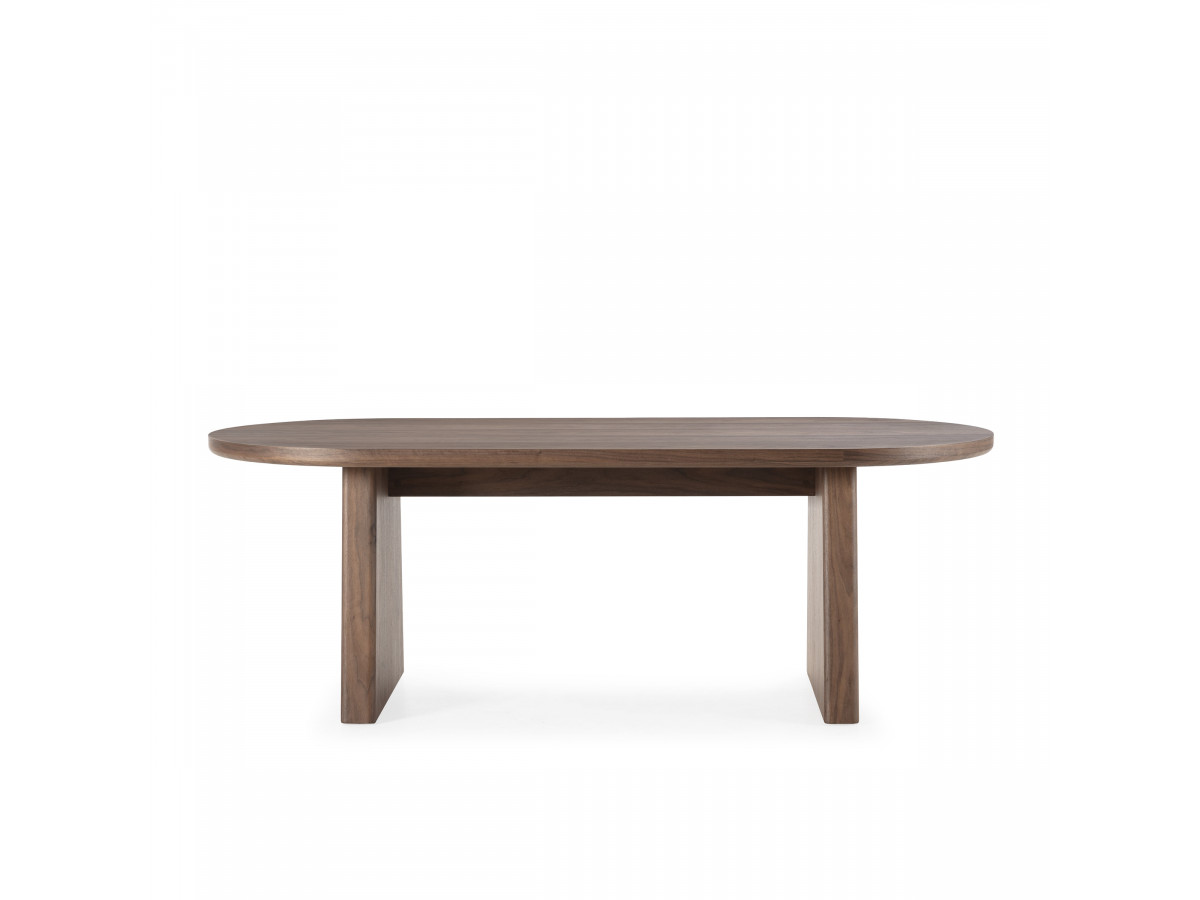 PABLO set met ovale eettafel 220 cm in notenhoutfineer + TANYA stoelen in structuurstof