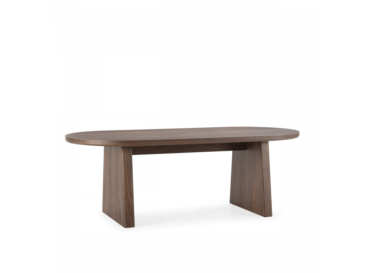 pablo set met ovale eettafel 220 cm in notenhoutfineer + tanya stoelen in structuurstof gekleurd donkerbruin