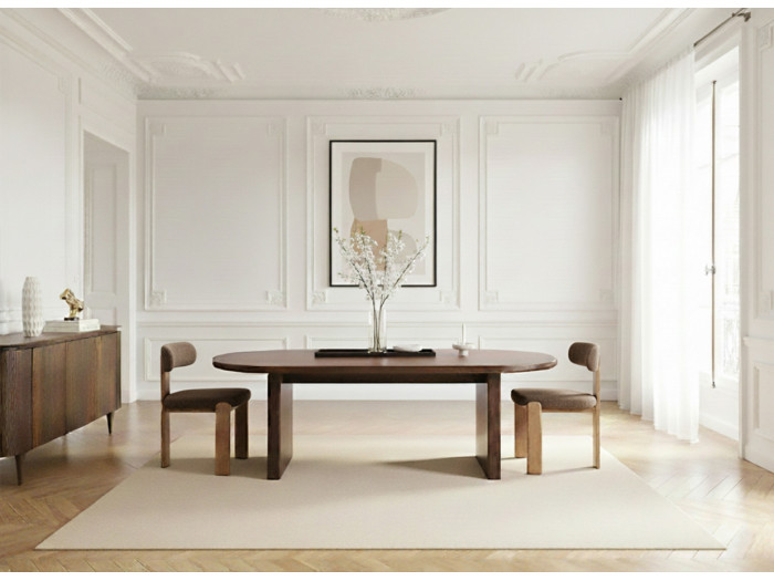 Ensemble PABLO avec table à manger ovale 220 cm placage noyer + chaises TANYA tissu texturé