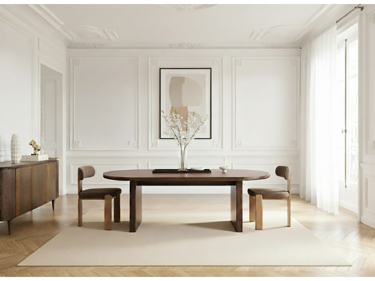 Ensemble PABLO avec table à manger ovale 220 cm placage noyer + chaises TANYA texturé marron foncé