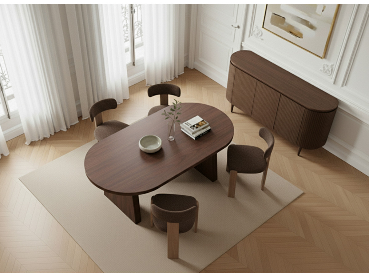PABLO set met ovale eettafel 220 cm in notenhoutfineer + TANYA stoelen in structuurstof