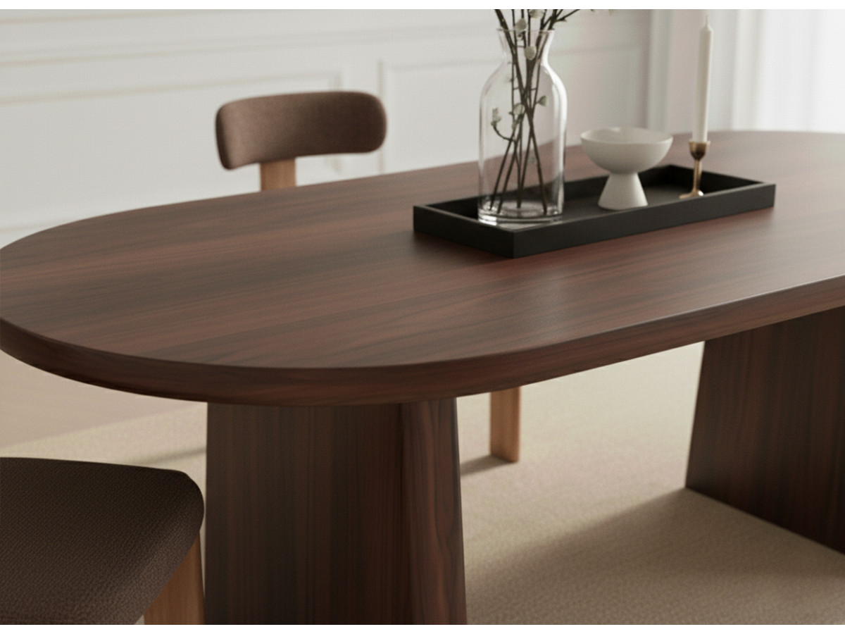 PABLO set met ovale eettafel 220 cm in notenhoutfineer + TANYA stoelen in structuurstof