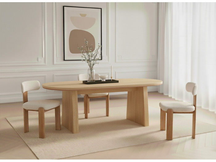 Ensemble PABLO avec table à manger ovale 220 cm placage noyer + chaises TANYA tissu texturé