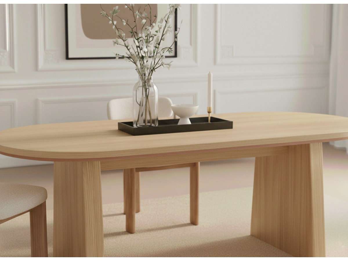 PABLO set met ovale eettafel 220 cm in notenhoutfineer + TANYA stoelen in structuurstof