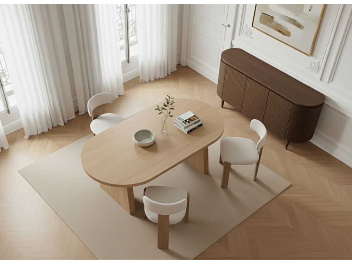 PABLO set met ovale eettafel 220 cm in notenhoutfineer + TANYA stoelen in structuurstof