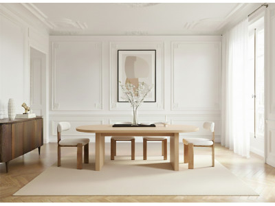 Ensemble PABLO avec table à manger ovale 220 cm placage noyer + chaises TANYA tissu texturé