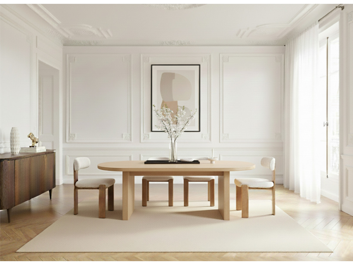 PABLO set met ovale eettafel 220 cm in notenhoutfineer + TANYA stoelen in structuurstof