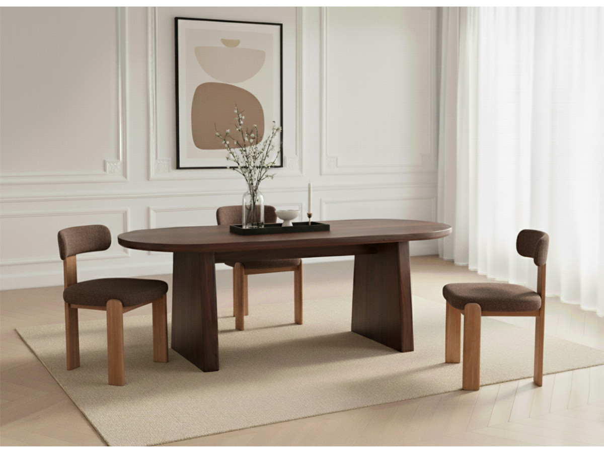 PABLO set met ovale eettafel 220 cm in notenhoutfineer + TANYA stoelen in structuurstof
