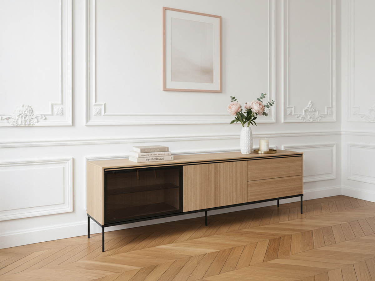 VERONA 2-deurs, 2-laden tv-meubel van 197 cm in eikenhouten look en gerookt glas met ledverlichting