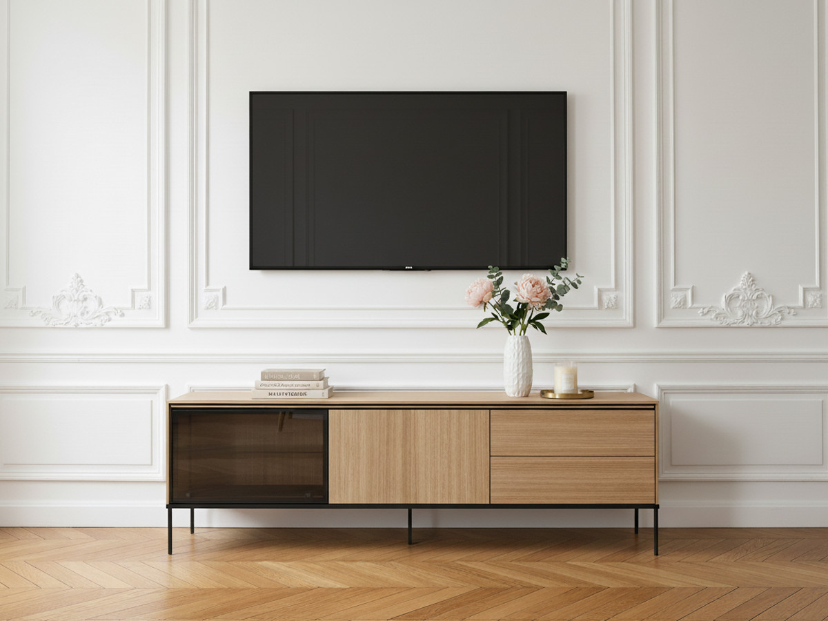 VERONA 2-deurs, 2-laden tv-meubel van 197 cm in eikenhouten look en gerookt glas met ledverlichting