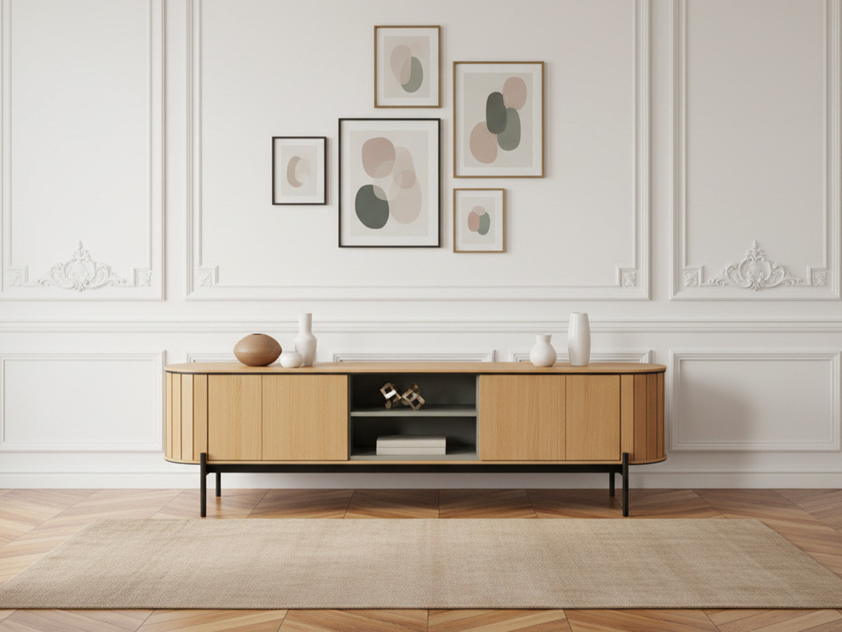 Meuble TV arrondi 2 portes 200 cm AMBOISE couleur chêne