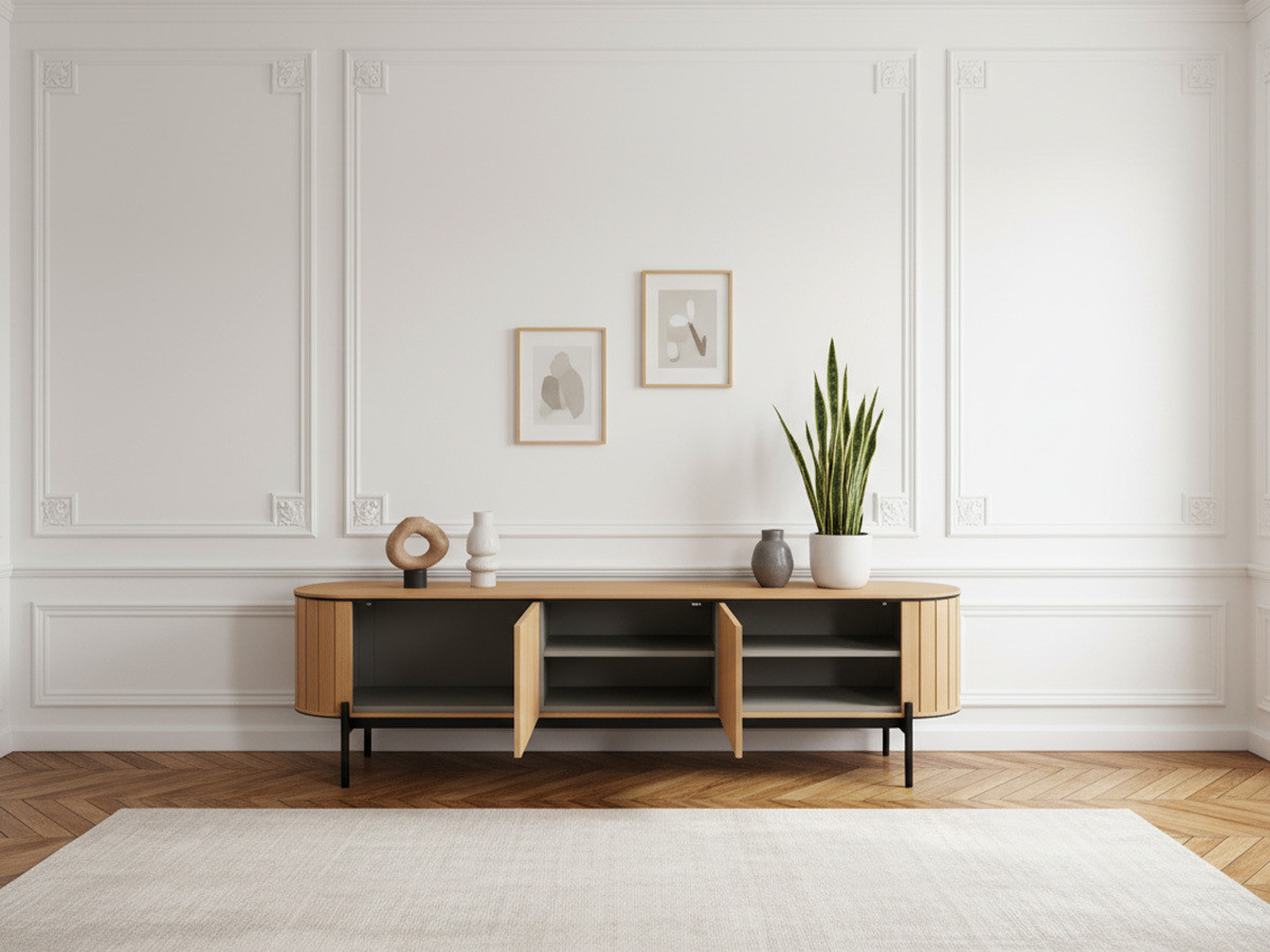 Meuble TV arrondi 2 portes 200 cm AMBOISE couleur chêne