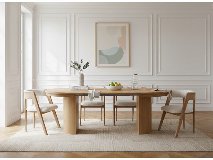 Ensemble PRADO avec table à manger extensible 110 à 210 cm + 4 chaises BASTIDE placage chêne massif