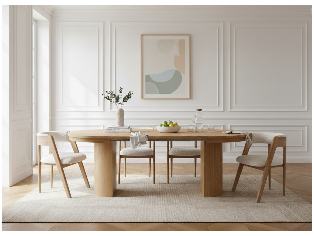 Eetkamer set PRADO met uitschuifbare tafel van 110 tot 210 cm + set stoelen BASTIDE van massief eikenfineer