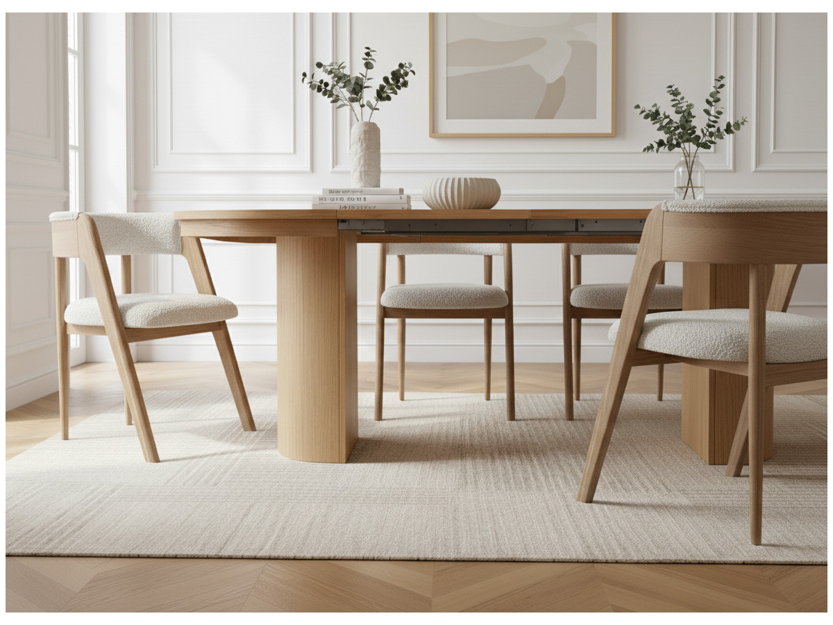 Eetkamer set PRADO met uitschuifbare tafel van 110 tot 210 cm + set stoelen BASTIDE van massief eikenfineer