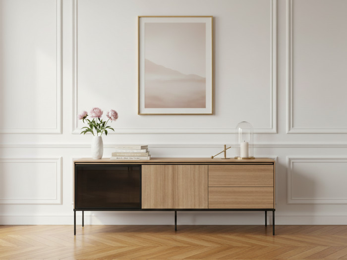 Meuble TV 2 portes 2 tiroirs 167 cm VERONA effet chêne et verre fumé avec LEDS