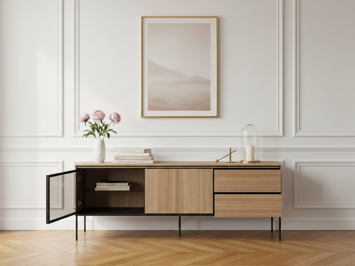 Meuble TV 2 portes 2 tiroirs 167 cm VERONA effet chêne et verre fumé avec LEDS — vue 5