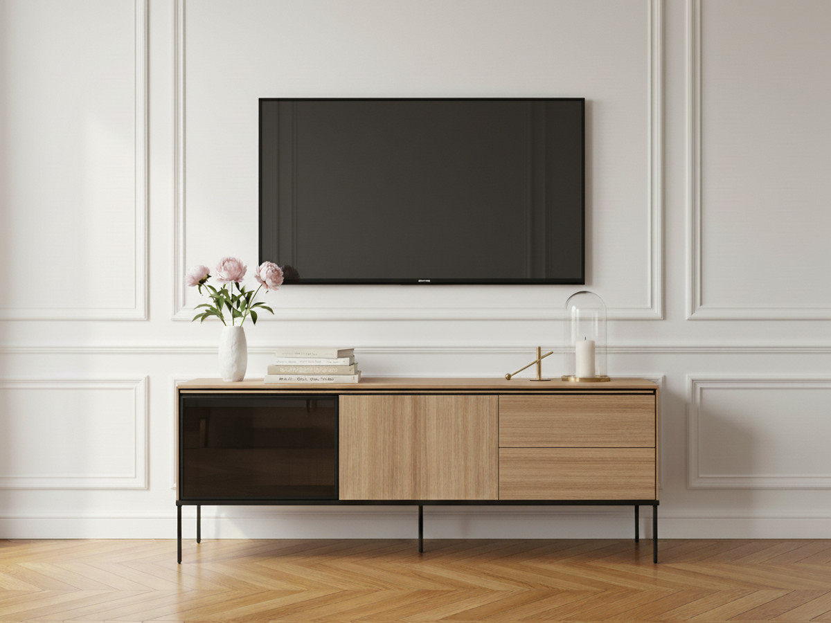 Meuble TV 2 portes 2 tiroirs 167 cm VERONA effet chêne et verre fumé avec LEDS