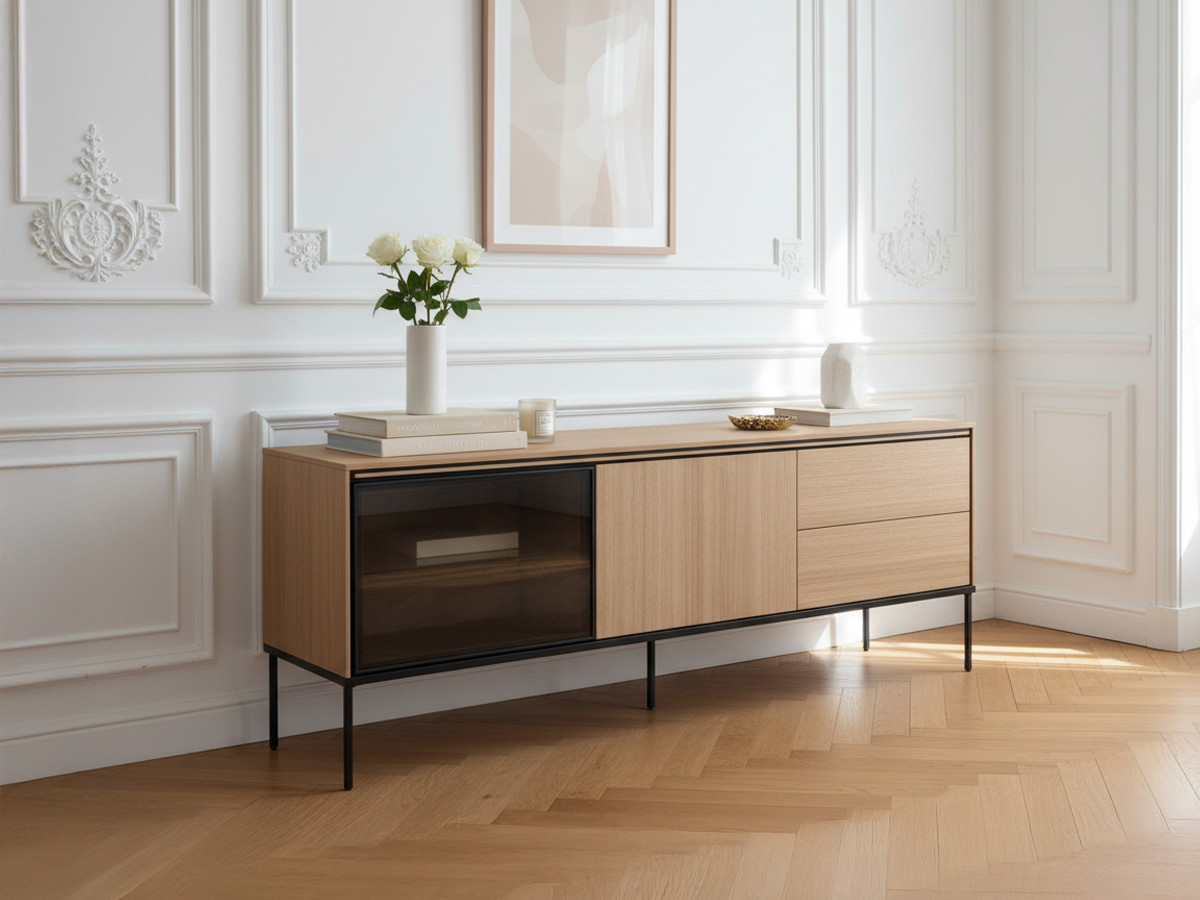 Meuble TV 2 portes 2 tiroirs 167 cm VERONA effet chêne et verre fumé avec LEDS — vue 6