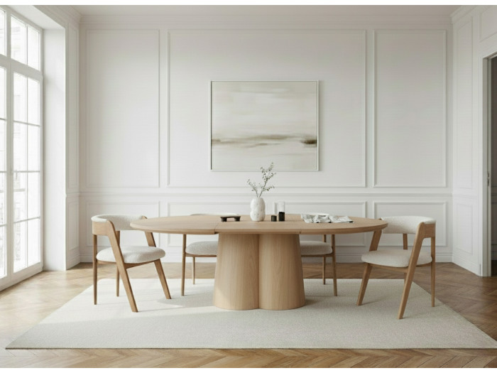 Ensemble SUGITON avec table à manger ronde extensible 130 à 180 cm + 4 chaises BASTIDE placage chêne massif