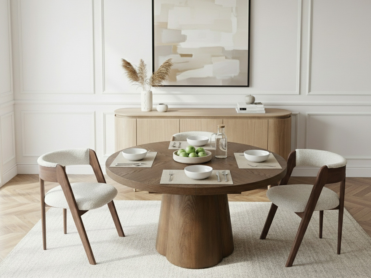 Table à manger ronde extensible 130 à 180 cm SUGITON placage chêne massif