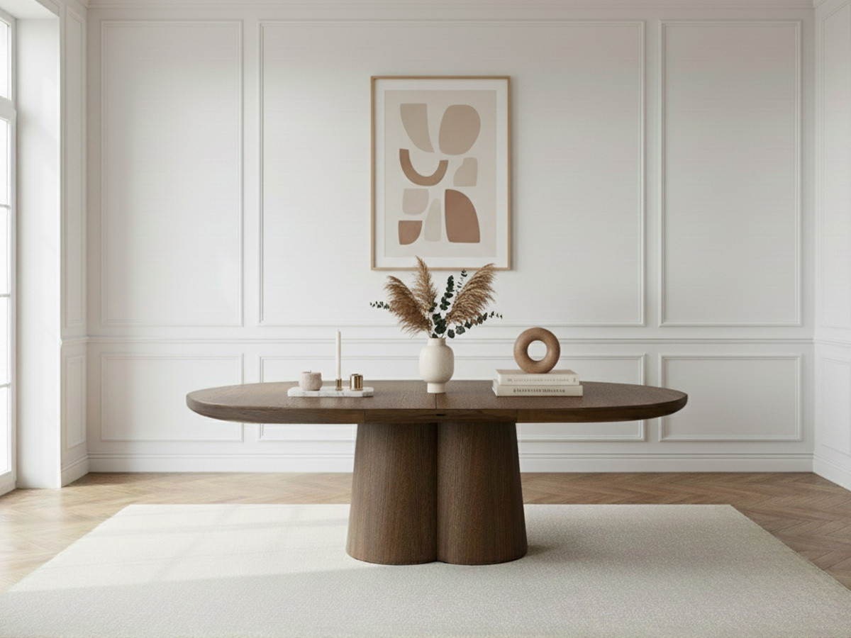 Table à manger ronde extensible 130 à 180 cm SUGITON placage chêne massif marron foncé — vue 4