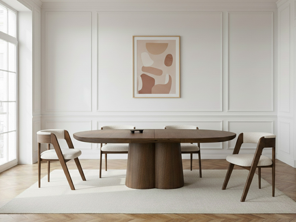 Ensemble SUGITON avec table à manger ronde extensible 130 à 180 cm + lot de chaises BASTIDE placage chêne massif