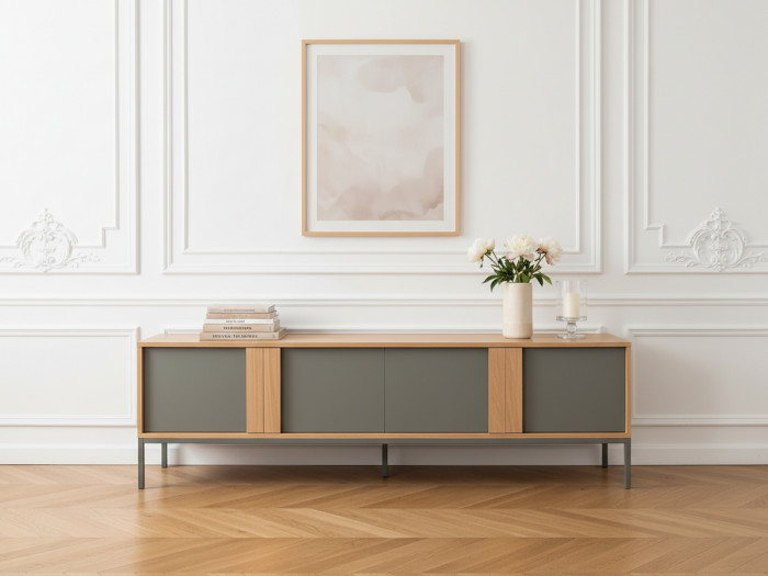 Meuble TV 4 portes 180 cm SOHO vert avec pieds en métal