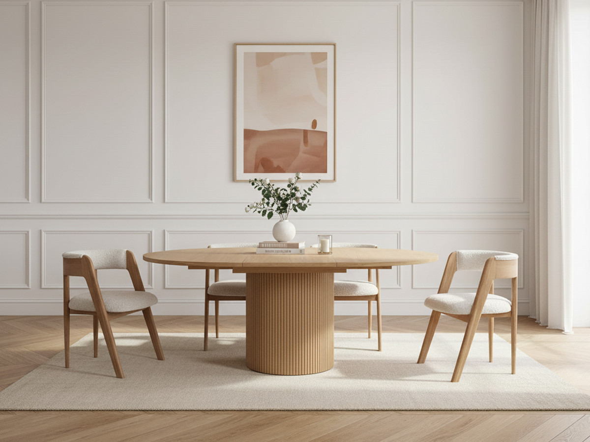 Ensemble SORMIOU avec table à manger ronde extensible 130 à 180 cm + lot de chaises BASTIDE placage chêne massif