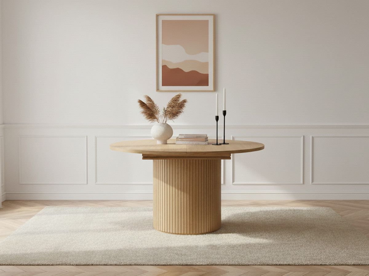 SORMIOU set met ronde uitschuifbare eettafel 130 tot 180 cm + BASTIDE stoelset in massief eiken fineer