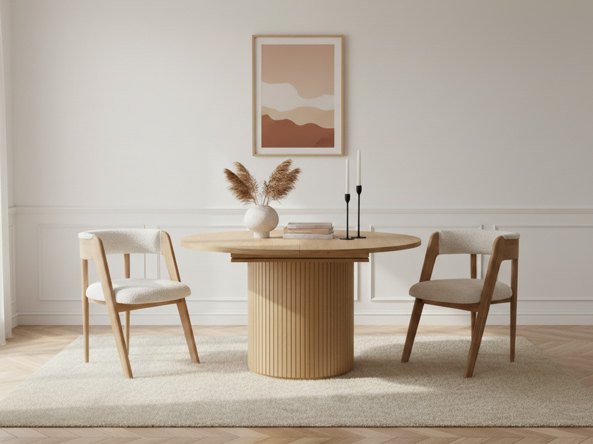 SORMIOU set met ronde eettafel uitschuifbaar van 130 tot 180 cm + 4 BASTIDE stoelen in massief eiken fineer