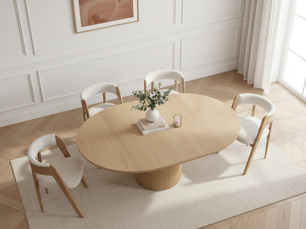 SORMIOU set met ronde eettafel uitschuifbaar van 130 tot 180 cm + 4 BASTIDE stoelen in massief eiken fineer
