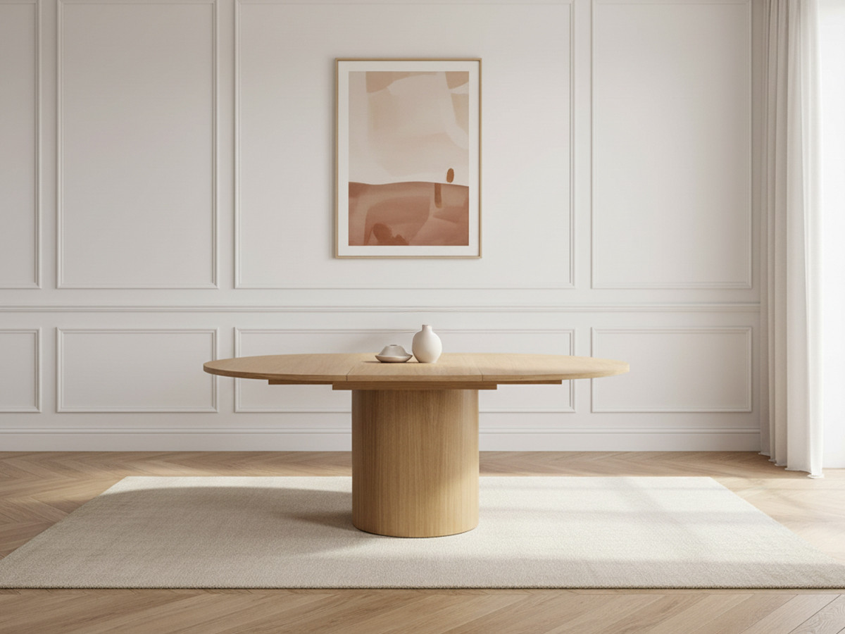 Table à manger extensible D.130 à D.180 cm SORMIOU placage chêne massif marron clair