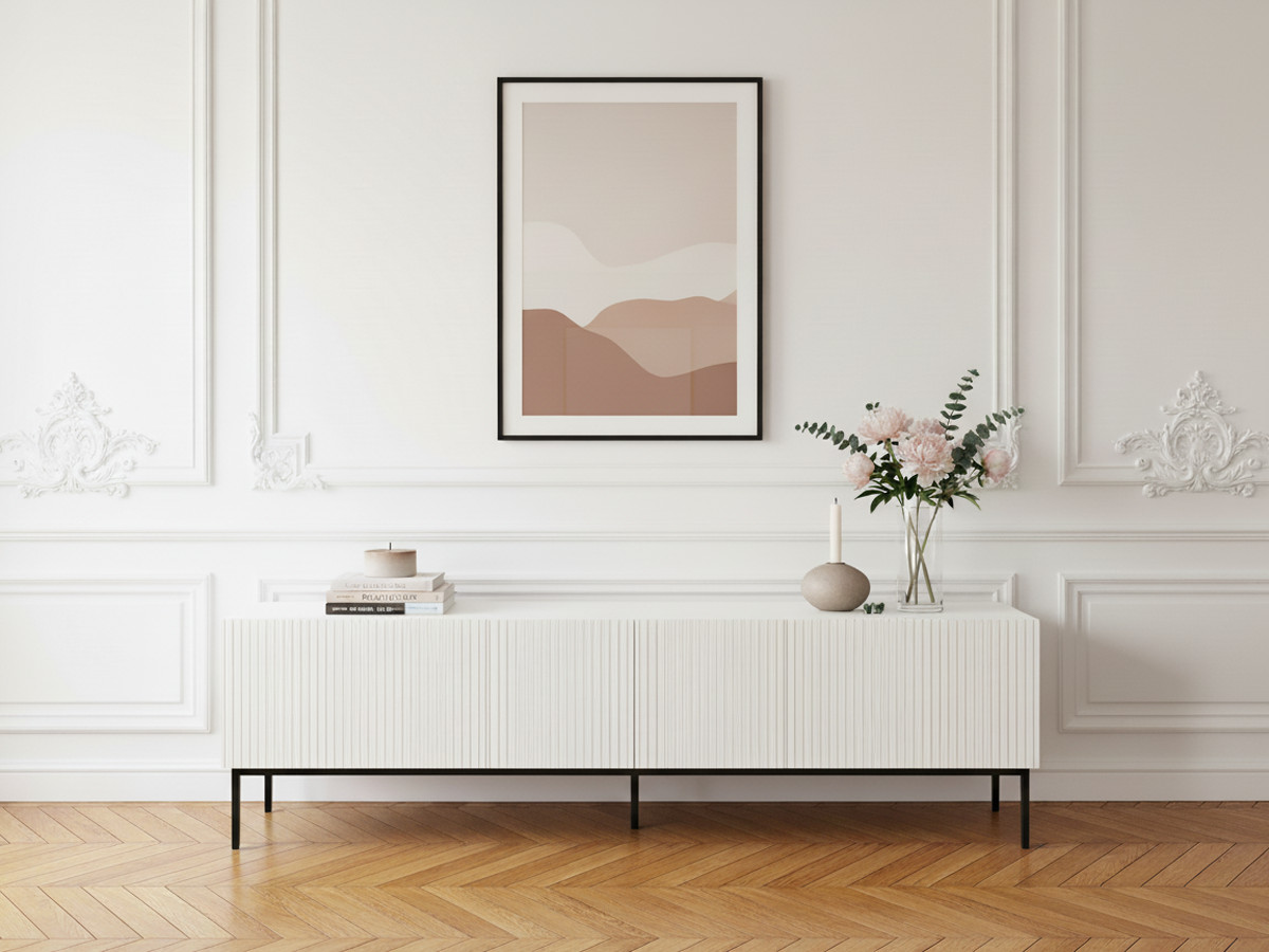 meuble tv 200 cm kasha pieds noir de couleur blanc