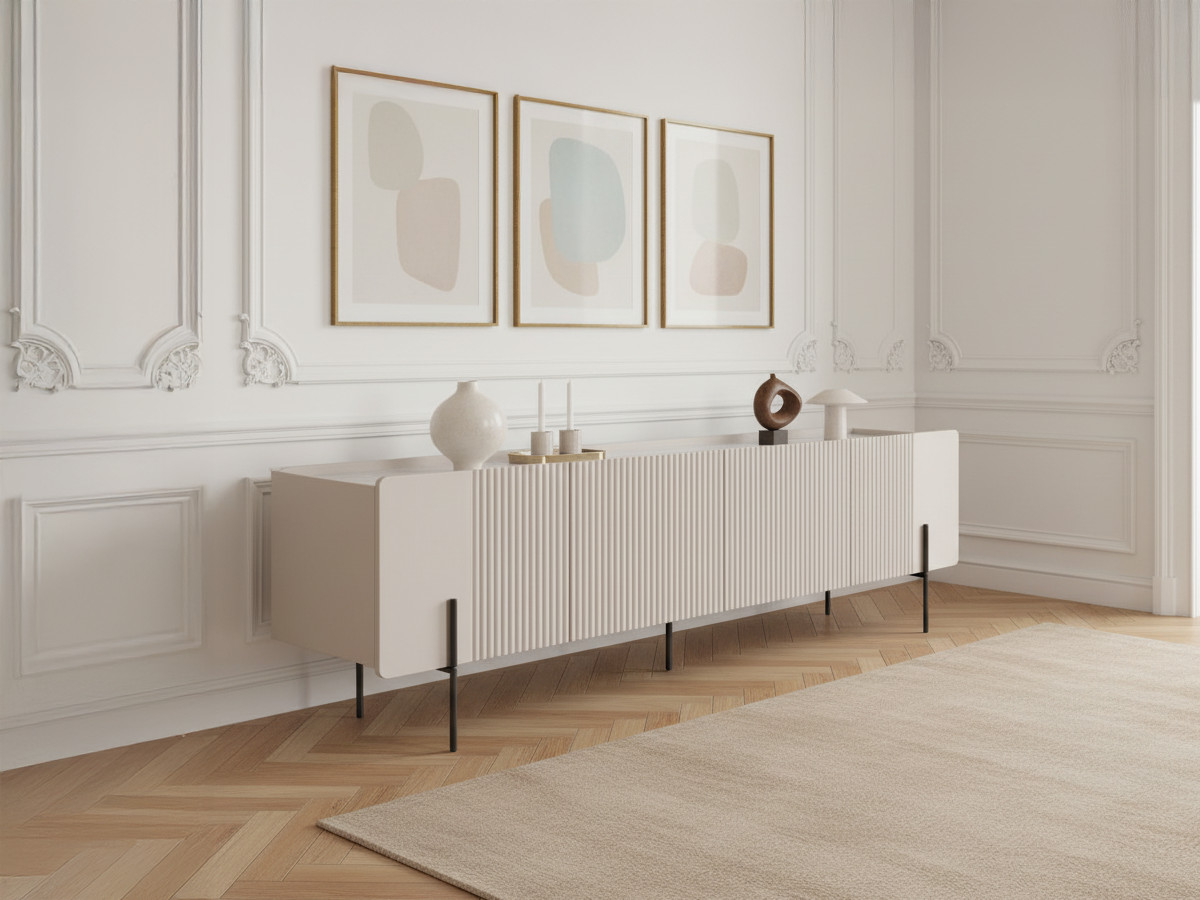 Meuble TV 2 portes 2 tiroirs 200 cm MATHILDE plateau effet marbre et pieds noirs beige — vue 6