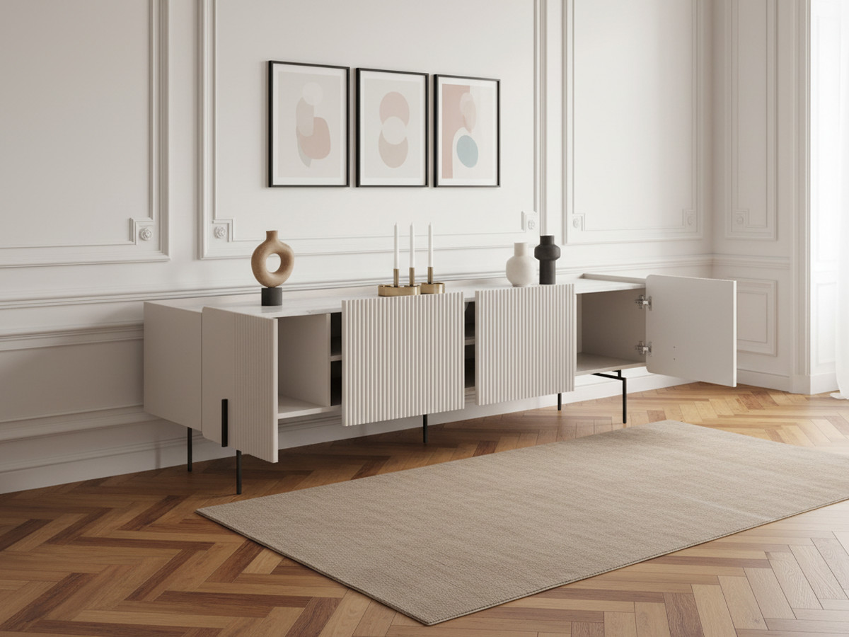 Meuble TV 2 portes 2 tiroirs 200 cm MATHILDE plateau effet marbre et pieds noirs