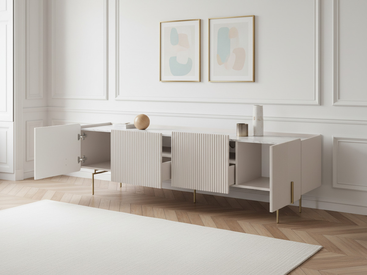 Meuble TV 2 portes 2 tiroirs 200 cm MATHILDE plateau effet marbre et pieds or beige — vue 5