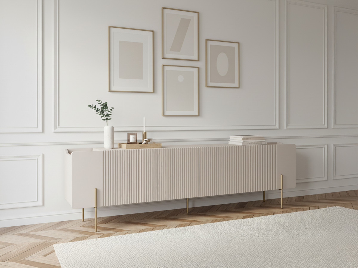 Meuble TV 2 portes 2 tiroirs 200 cm MATHILDE plateau effet marbre et pieds or beige — vue 6