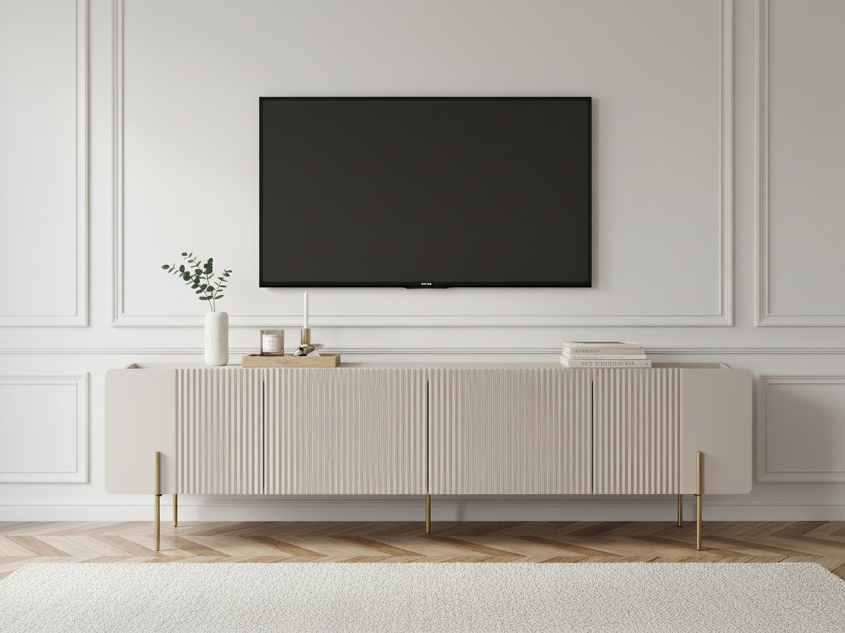 Meuble TV 2 portes 2 tiroirs 200 cm MATHILDE plateau effet marbre et pieds or beige — vue 4