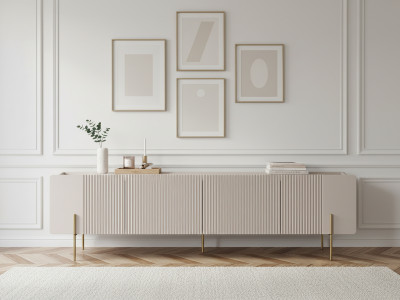 Meuble TV 2 portes 2 tiroirs 200 cm MATHILDE plateau effet marbre et pieds or