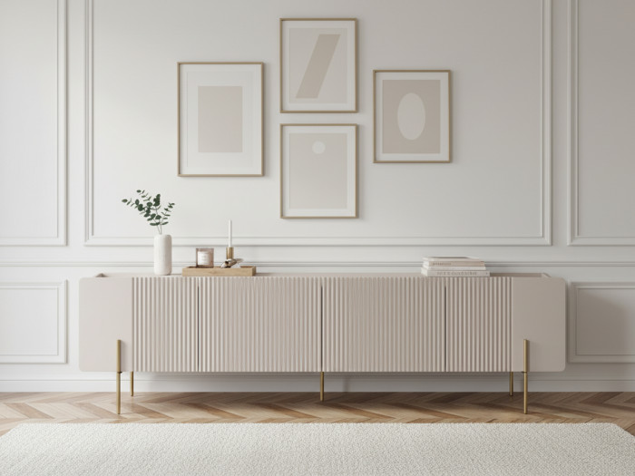 Meuble TV 2 portes 2 tiroirs 200 cm MATHILDE plateau effet marbre et pieds or