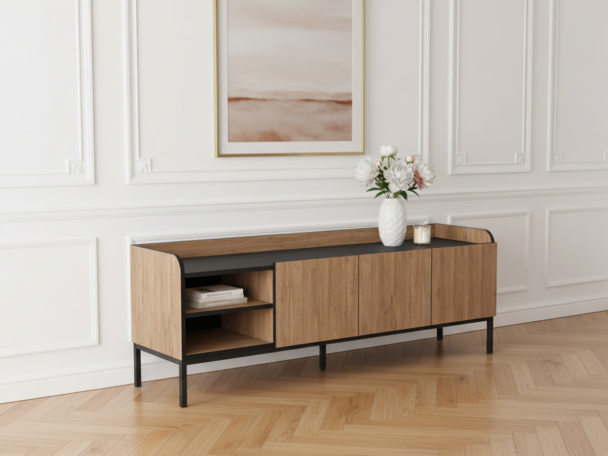 Meuble TV 2 portes 2 niches 160 cm AURIANE pieds métal noir marron clair — vue 5