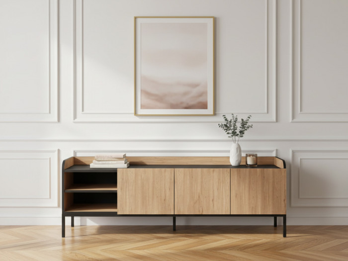 Meuble TV 2 portes 2 niches 160 cm AURIANE pieds métal noir