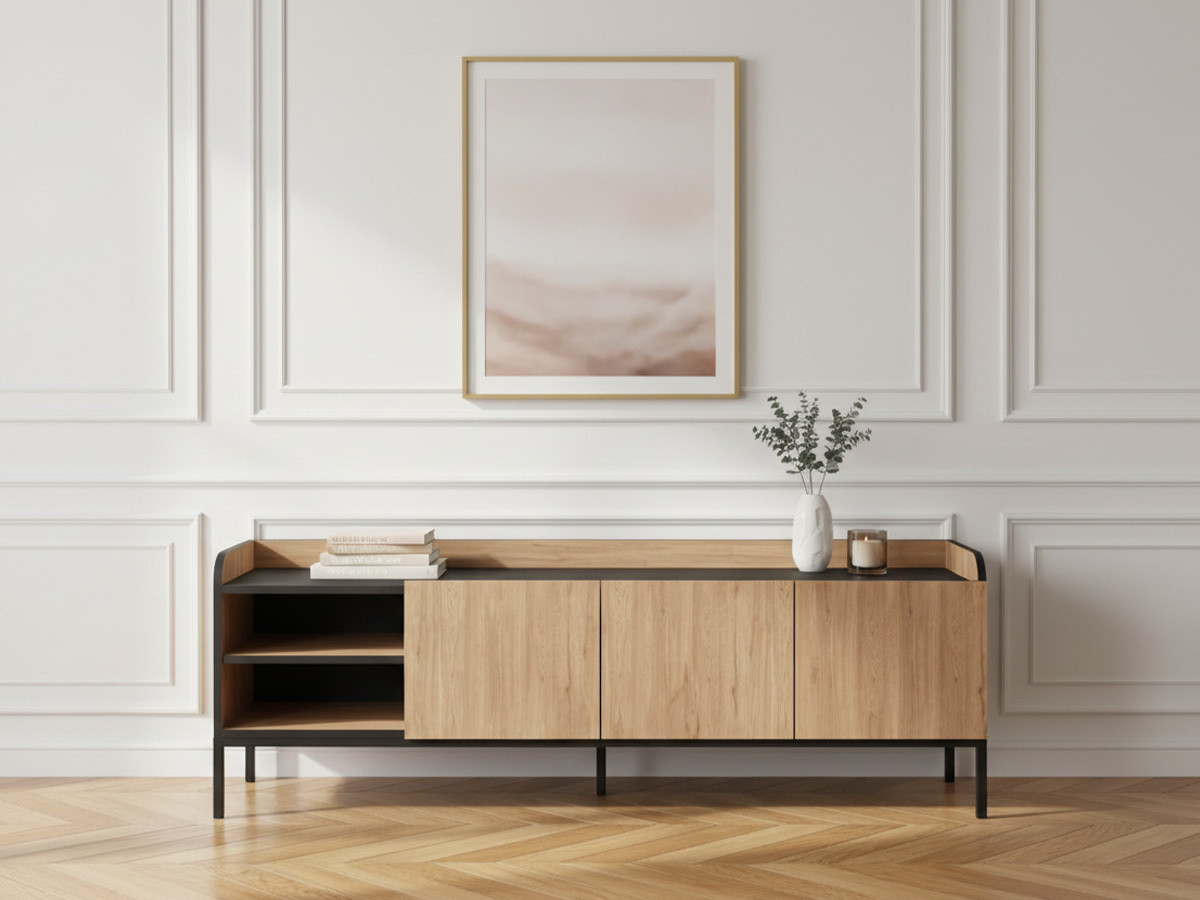 Meuble TV 2 portes 2 niches 160 cm AURIANE pieds métal noir