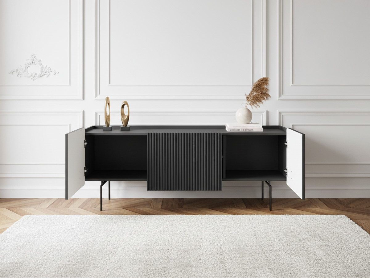 Meuble TV 2 portes 1 tiroir 150 cm MATHILDE pieds noirs