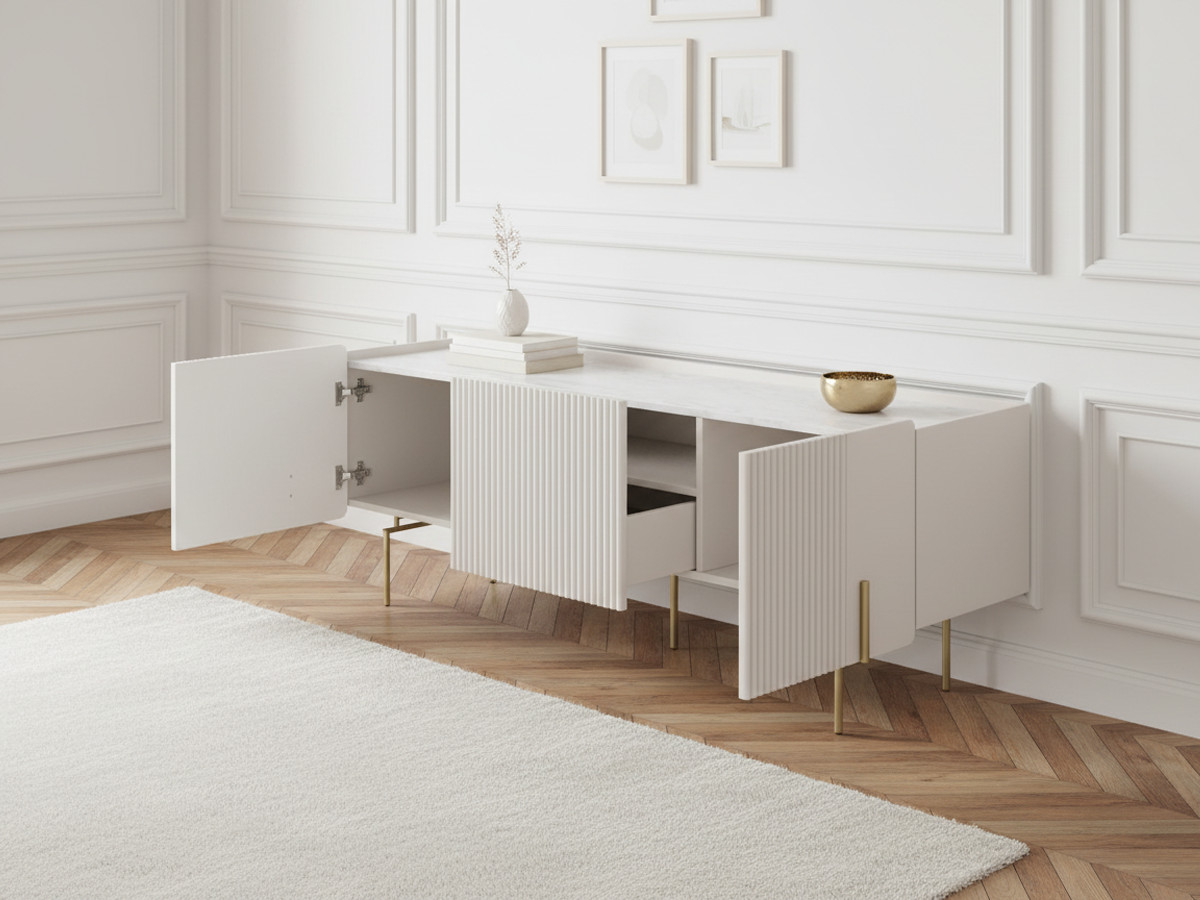 MATHILDE 3-deurs tv-meubel 150 cm marmerlook blad en gouden poten